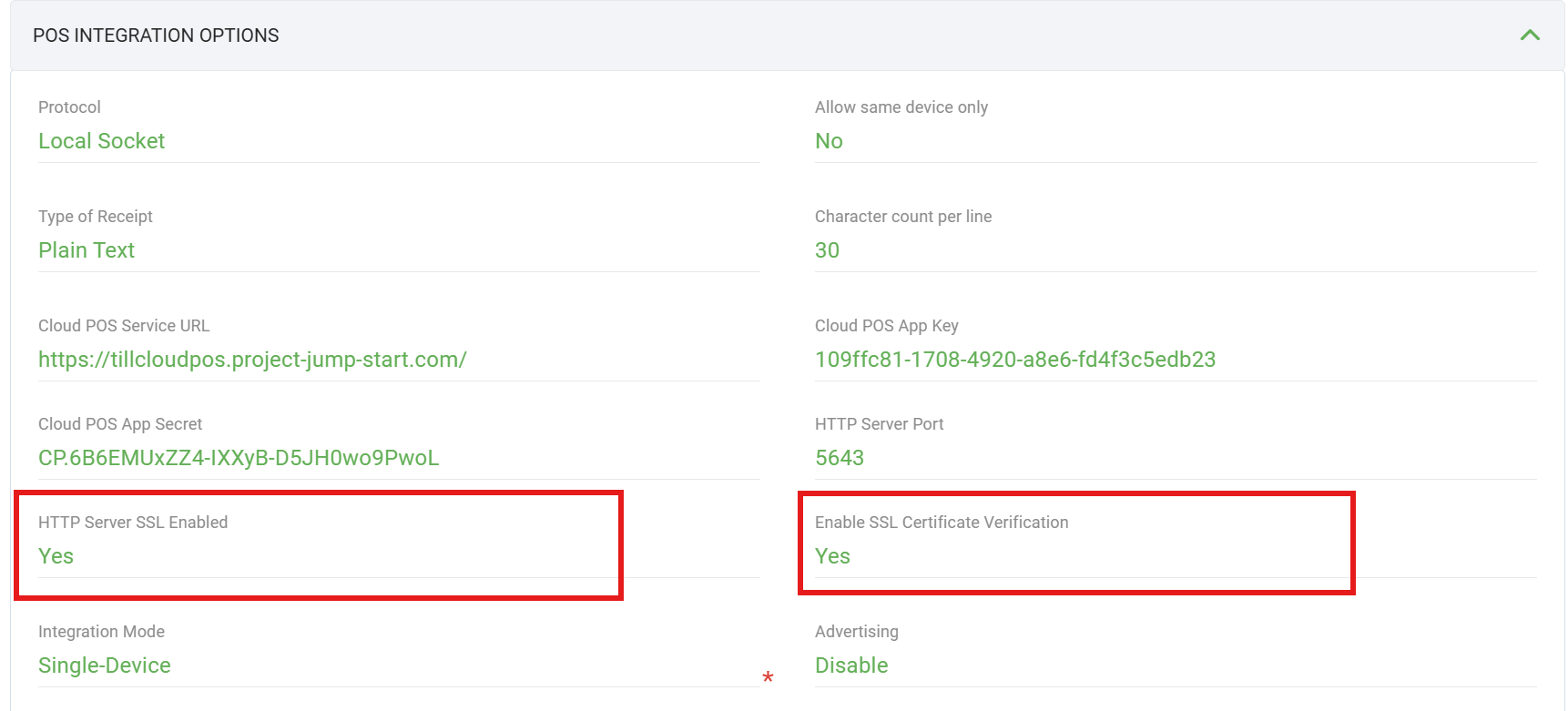 POS Integration Options screen showing HTTP Server SSL Enabled set to Yes in TMS